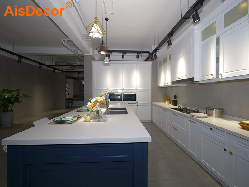 Contemporary White Cherry Wood Kitchen with Blue Island