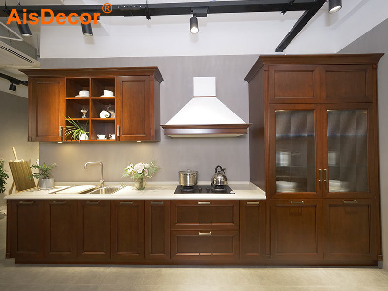 Linear Style Classic Cherry Wood Kitchen with Glass Door Pantry