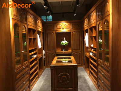 Luxury Oak Solid Timber Walk-in Closet with Glass Countertop Island