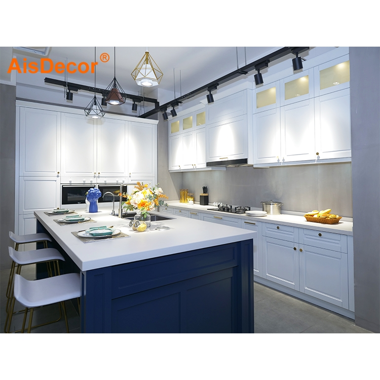 Top Quality Wholesale White Solid Wood Kitchen Cabinet With Blue Island