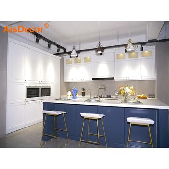 Top Quality Wholesale White Solid Wood Kitchen Cabinet With Blue Island